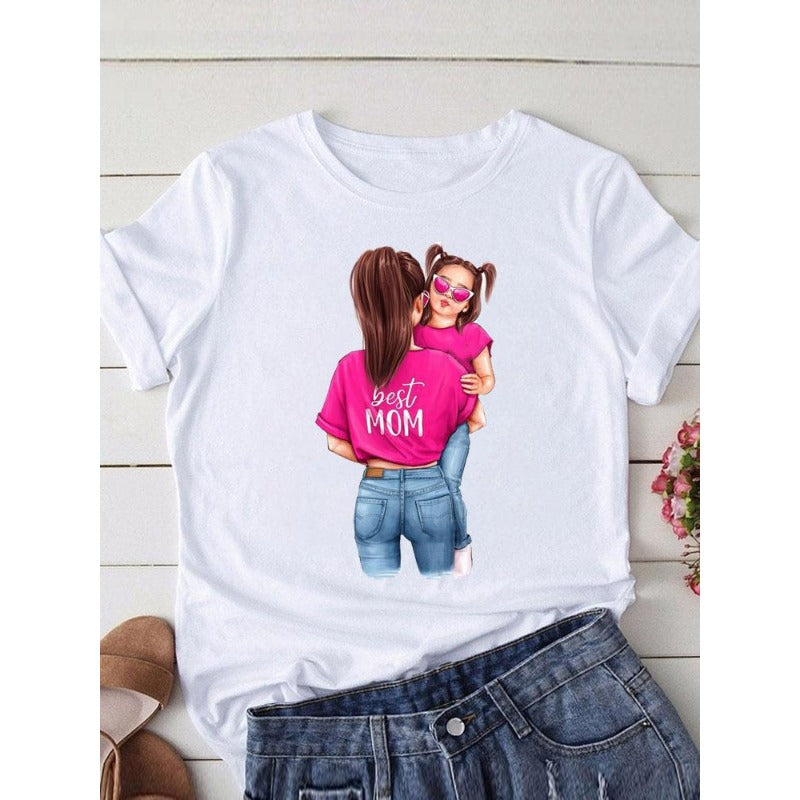 Wholesale Polyester Fun Mother's Day Printed Pattern Round Neck Short Sleeves